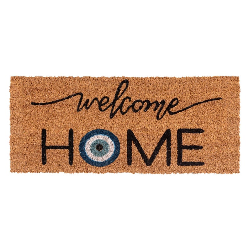 EVIL EYE Doormat Welcome Home Boho Spiritual Rustic Greek Minimalist Flocked Coir Outdoor Doormat Front Porch Decor Realtor Closing Gift