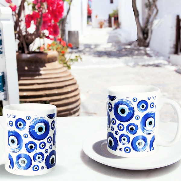 EVIL EYE Mug SET de 2 Petit café grec Espresso Coffee Shot Cup Aquarelle Bleu Boho Spiritual Protective Good Luck Mug Greek Gift