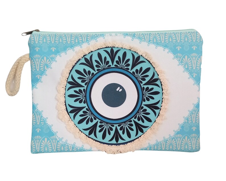 Custodia Boho con design EVIL EYE Borsa per trucco tribale Boho floreale azzurro con cerniera Borsa da viaggio per bikini da spiaggia, regalo greco immagine 8