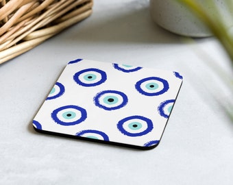 Coaster with Evil Eye Print Amulet Spiritual Protection Greek Folklore Square Modern Drink Coaster Wedding Favor Housewarming Gift