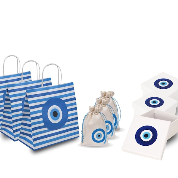 GREEK GIFT PACKAGING Bundle Evil Eye Paper Bag with Handle Party Favor Box Canvas Pouch White Blue Greek Wedding Christening Bomboniere