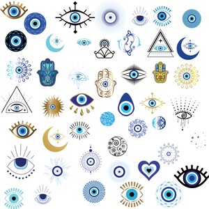 May include: A collection of various graphic icons featuring blue evil eye symbols, hamsa hands, crescent moons, suns, triangles, and heart shapes. The designs utilize blue, gold, black, and white colors in diverse patterns and line styles.