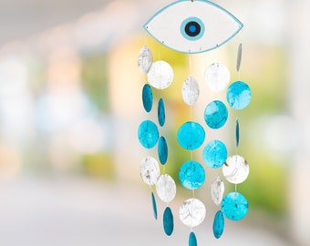 EVIL EYE Wind Chime from Seashells Chandelier Sun Catcher Hanging Ornament Nautical Beach House Decor Greek Housewarming Gift