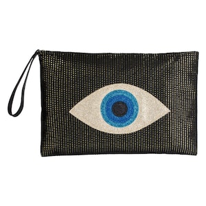 Schwarze Make-up-Tasche mit Glitzer EVIL EYE Stoff-Organizer mit Reißverschluss Armband Schimmernder Sommer-Abend-Beutel Junggesellinnenabschied Geschenk