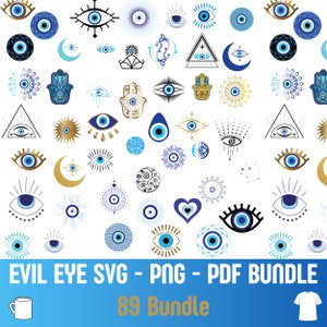 May include: A collection of 89 evil eye SVG, PNG, and PDF files. The images feature various designs of the evil eye symbol, including traditional blue and white, as well as more modern and abstract interpretations. The designs are perfect for use in crafts, digital projects, and more.