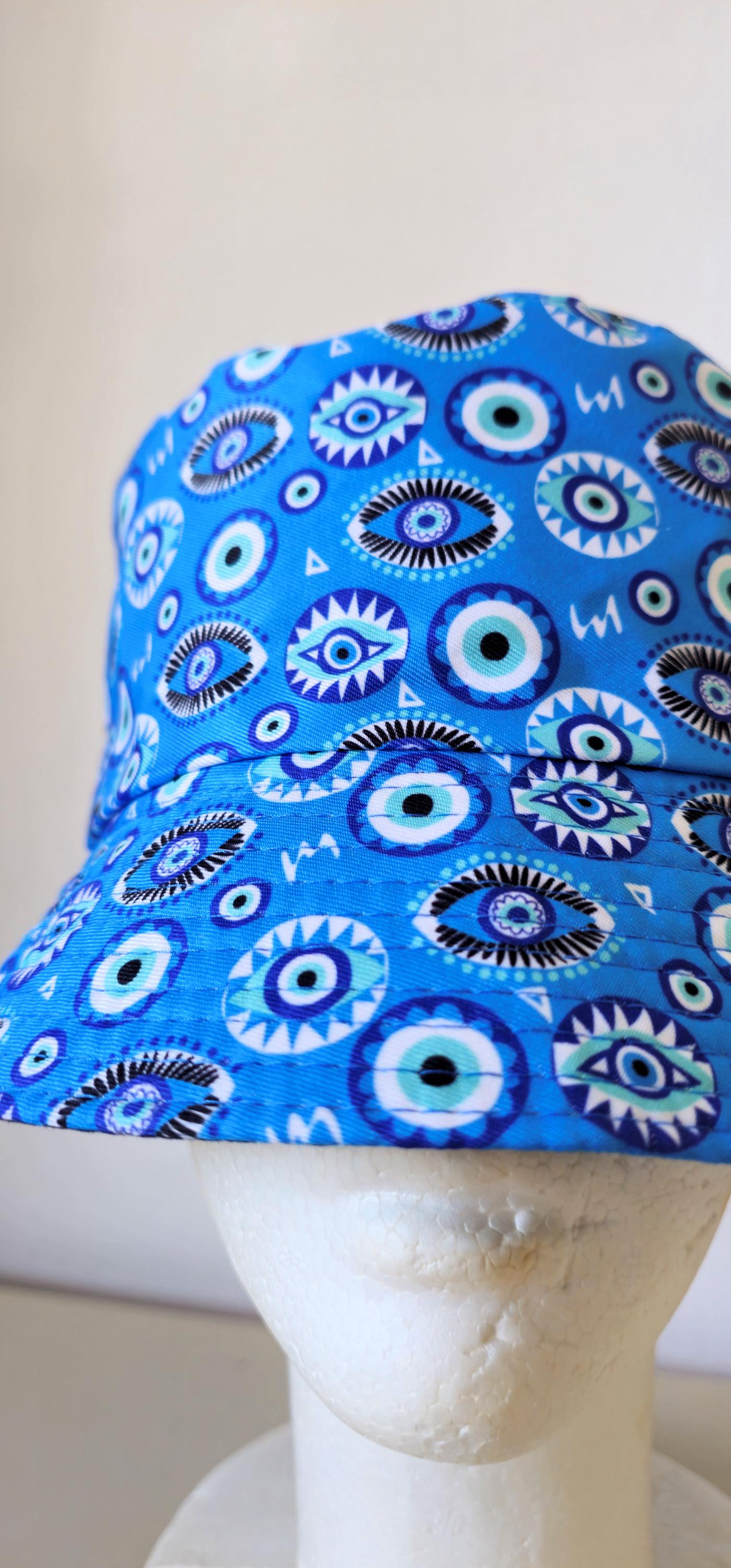 New Custom Designed White Bucket Hat with Blue& Clear Sequin Evil Eye Exclusive Evil Eye Hat by Corazon Playero main image 2