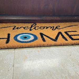 EVIL EYE Doormat Welcome Home Boho Spiritual Rustic Greek Minimalist Flocked Coir Outdoor Doormat Front Porch Decor Realtor Closing Gift