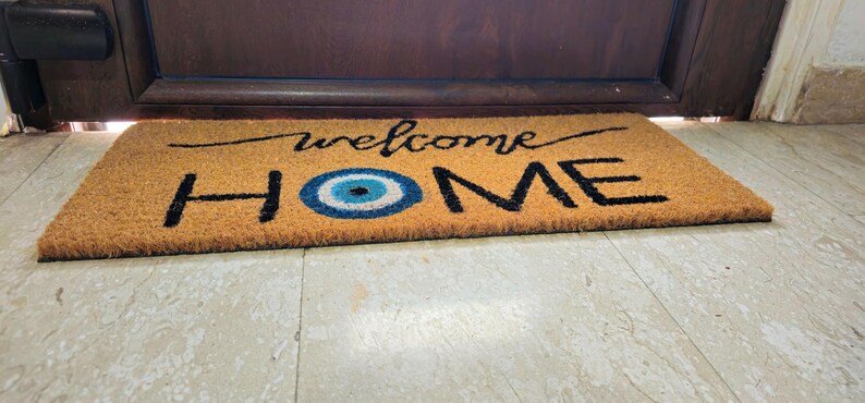 EVIL EYE Doormat Welcome Home Boho Spiritual Rustic Greek Minimalist Flocked Coir Outdoor Doormat Front Porch Decor Realtor Closing Gift
