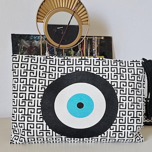 Griechische Make-up Tasche mit Meander-Muster und EVIL EYE Fabric Organizer with Zipper Wristlet Travel On The Go Beauty Kosmetiktasche Brautjungfer