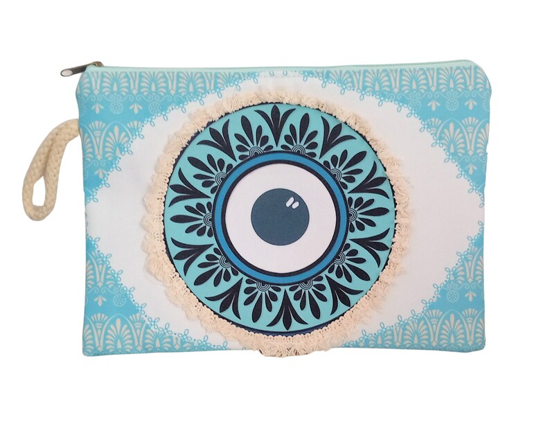 Custodia Boho con design EVIL EYE Borsa per trucco tribale Boho floreale azzurro con cerniera Borsa da viaggio per bikini da spiaggia, regalo greco immagine 7