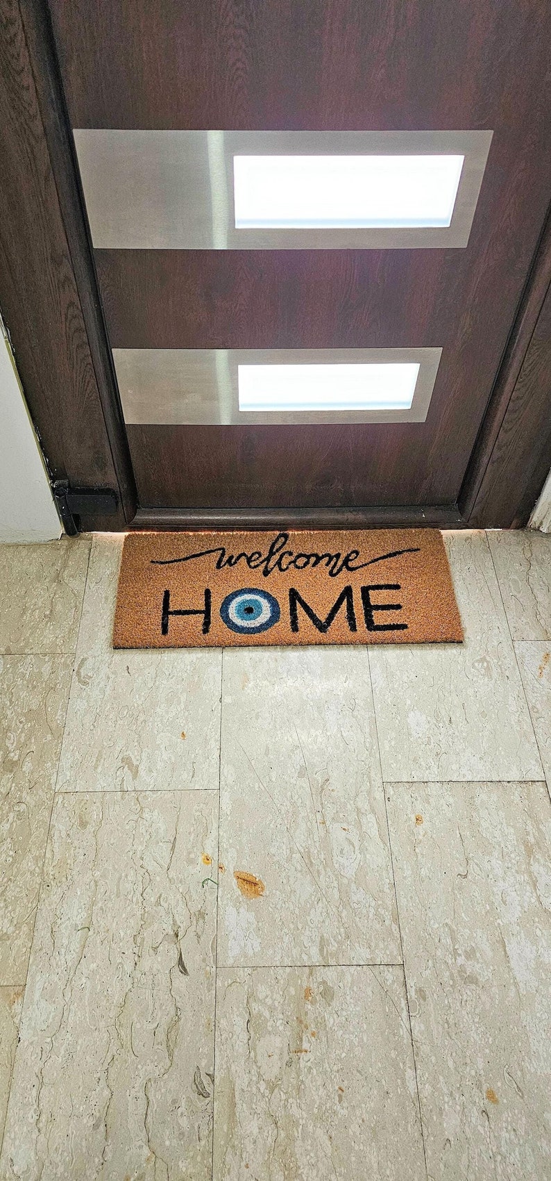 EVIL EYE Doormat Welcome Home Boho Spiritual Rustic Greek Minimalist Flocked Coir Outdoor Doormat Front Porch Decor Realtor Closing Gift
