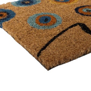 May include: A rectangular doormat made of natural coir fibers. The mat features a repeating pattern of blue, orange, and yellow circles on a brown background. A black border outlines the edge of the mat.