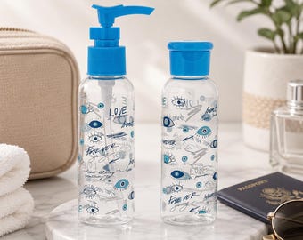 Travel Bottle Set with EVIL EYE Print TSA Approved Cosmetics Toiletry Lotion Cream Clear Container Reusable Vacation Compact Portable Bottle