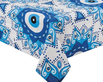 Evil Eye Mandala Tablecloth: Greek Blue Boho Linen Blend Dining Cover