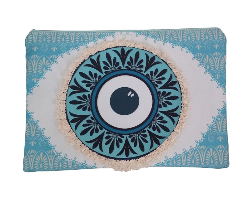 Custodia Boho con design EVIL EYE Borsa per trucco tribale Boho floreale azzurro con cerniera Borsa da viaggio per bikini da spiaggia, regalo greco immagine 4