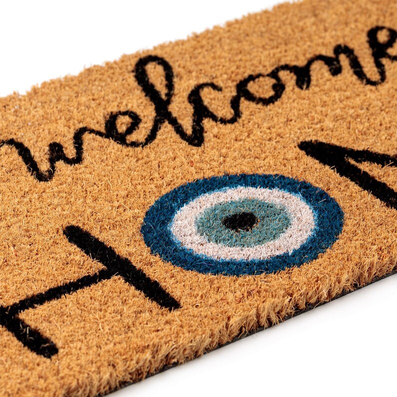 EVIL EYE Doormat Welcome Home Boho Spiritual Rustic Greek Minimalist Flocked Coir Outdoor Doormat Front Porch Decor Realtor Closing Gift