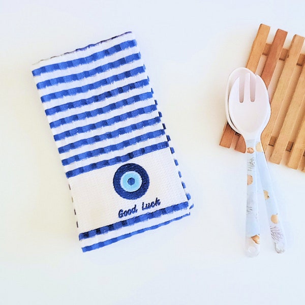 EVIL EYE Tea Towels  SET of 2 Cotton Hand Kitchen Rustic Durable Absorbent Simple Towel Greek Blue White Boho Decor Good Luck Protective