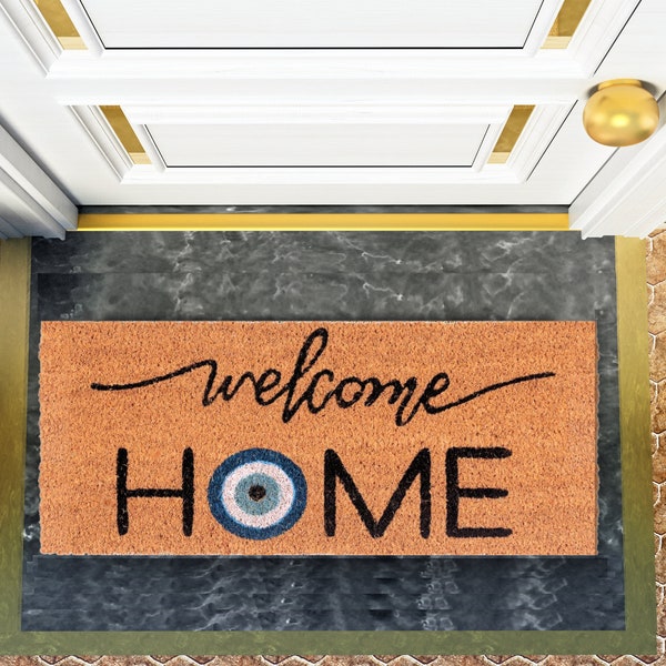 EVIL EYE Doormat Welcome Home Boho Spiritual Rustic Greek Minimalist Flocked Coir Outdoor Doormat Front Porch Decor Realtor Closing Gift