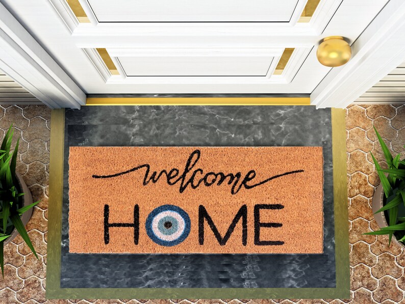 EVIL EYE Doormat Welcome Home Boho Spiritual Rustic Greek Minimalist Flocked Coir Outdoor Doormat Front Porch Decor Realtor Closing Gift