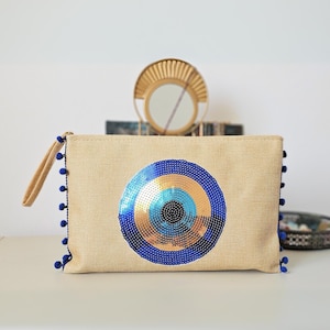 EVIL EYE スパンコール付きメイクアップバッグ ブラウン 素朴なキャンバス ジッパー付きオーガナイザー 外出時の必需品 美容化粧台 コスメティック ビーチバッグ ギリシャ風財布