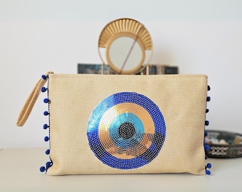 Saszetka z cekinami Evil Eye: kosmetyczka z płótna boho, organizer na niezbędne rzeczy na plażę