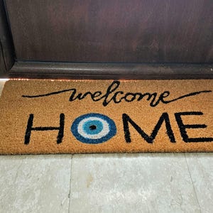 EVIL EYE Doormat Welcome Home Boho Spiritual Rustic Greek Minimalist Flocked Coir Outdoor Doormat Front Porch Decor Realtor Closing Gift