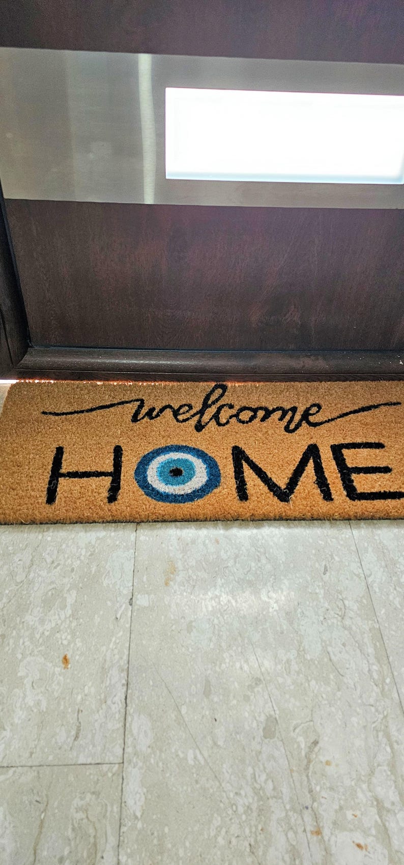 EVIL EYE Doormat Welcome Home Boho Spiritual Rustic Greek Minimalist Flocked Coir Outdoor Doormat Front Porch Decor Realtor Closing Gift
