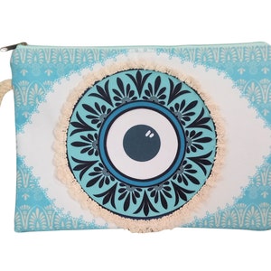 Custodia Boho con design EVIL EYE Borsa per trucco tribale Boho floreale azzurro con cerniera Borsa da viaggio per bikini da spiaggia, regalo greco immagine 5