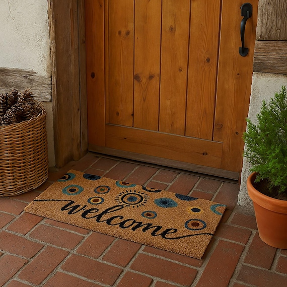 EVIL EYE Doormat Welcome Home Boho Spiritual Rustic Greek Minimalist Flocked Coir Outdoor Doormat Front Porch Decor Realtor Closing Gift