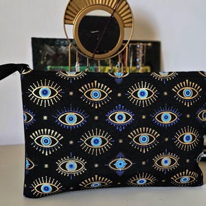 EVIL EYE メイクアップバッグ ブラック ゴールド ボヘミアン 魔女風 スピリチュアル コスメティック アクセサリーポーチ ジッパー付き オーガナイザー トイレタリー 旅行 ビーチバッグ ギリシャ風ギフト