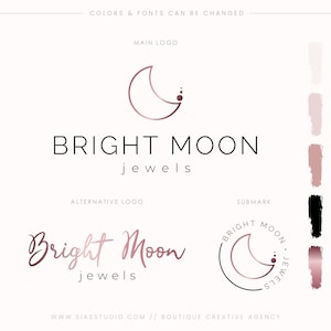 Pacchetto di branding precostruito con luna, Logo design con luna elegante, Logo con luna oro rosa, Kit con biglietti da visita e social set
