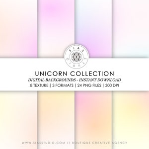 Può includere: Una collezione di 8 sfondi digitali a tema unicorno in 3 formati. Gli sfondi sono in tonalità di rosa, giallo e bianco. Il testo sull'immagine recita "UNICORN COLLECTION DIGITAL BACKGROUNDS - INSTANT DOWNLOAD 8 TEXTURE | 3 FORMATS | 24 PNG FILES | 300 DPI WWW.SIASSTUDIO.COM // BOUTIQUE CREATIVE AGENCY"