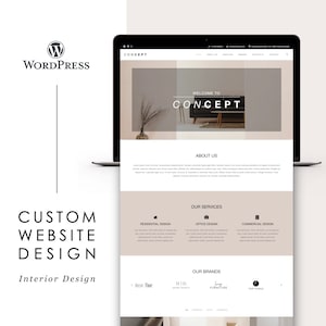 Peut inclure: Un ordinateur portable affichant un site web pour une entreprise de design d'intérieur appelée "CONCEPT". Le site web présente un message de bienvenue, une section "À propos de nous", une liste de services et une section présentant ses marques. Le site web a un design minimaliste avec un fond brun clair.