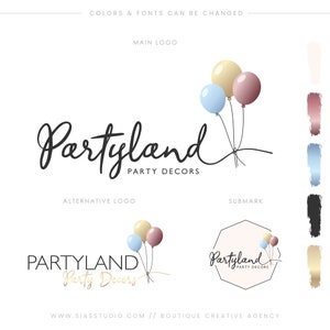 Pacchetto di branding pre-costruito, Logo design kit, Logo per eventi e feste, Logo con palloncini, Logo per organizzatori eventi, Partyland