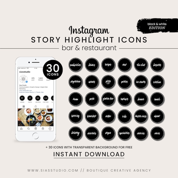 30 Instagram story highlight icons, Bar and Restaurant highlights, Restaurant IG highlights, Bar highlight icons, Chef highlight cover