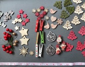 Bag of 60 wooden Christmas craft embellishments including pegs, buttons, baubles, stars and trees.