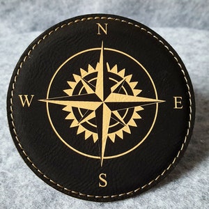 Leather Nautical Compass Coasters, Set of 6 w/ Coaster Holder,Nautical, Navigation, Housewarming Gifts, Boat Gifts, Compasses, Bar, For him image 3