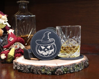 Halloween Jack O Lantern Coasters- 6 Coaster Set with Holder- Spooky Pumpkin- Fall Seasonal- Round Leatherette- Engraved- Holiday Decoration