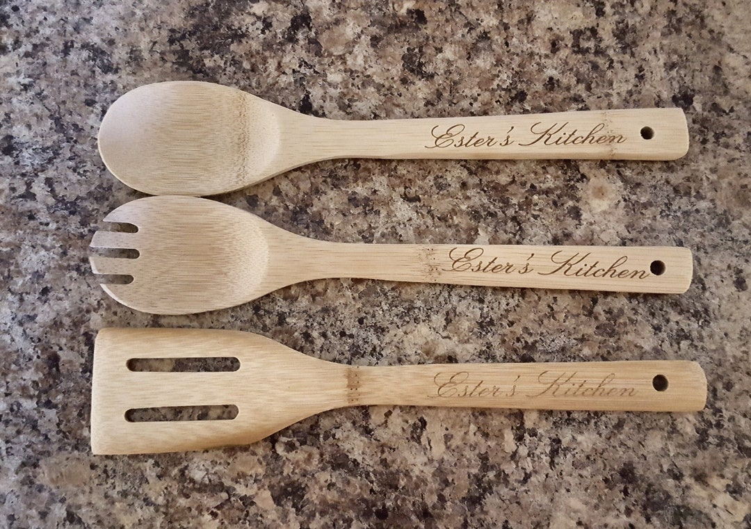 Custom Utensils Personalized Bamboo Kitchen Utensils- Salad Spork- Salad Spoon- Spatula ...