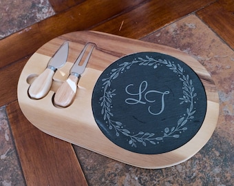 Personalized Acacia Wood and Slate Oval Cheese Cutting Board Set with Two Tools_ Kitchen_ Housewarming Gift_ Charcuterie Board_ Mothers Day