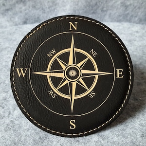 Leather Nautical Compass Coasters, Set of 6 w/ Coaster Holder,Nautical, Navigation, Housewarming Gifts, Boat Gifts, Compasses, Bar, For him image 4