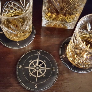 Leather Nautical Compass Coasters, Set of 6 w/ Coaster Holder,Nautical, Navigation, Housewarming Gifts, Boat Gifts, Compasses, Bar, For him image 2