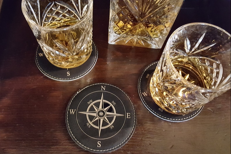 Leather Nautical Compass Coasters, Set of 6 w/ Coaster Holder,Nautical, Navigation, Housewarming Gifts, Boat Gifts, Compasses, Bar, For him image 2