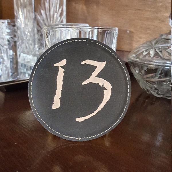 Lucky 13 Coaster Set- Set of 6 Leatherette Coasters with holder- Number Thirteen- Personalized Number Coasters-Birthdays-Housewarming Gift