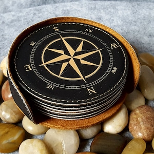 Leather Nautical Compass Coasters, Set of 6 w/ Coaster Holder,Nautical, Navigation, Housewarming Gifts, Boat Gifts, Compasses, Bar, For him image 1