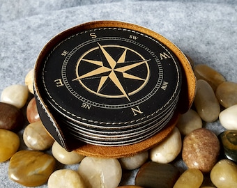 Leather Nautical Compass Coasters, Set of 6 w/ Coaster Holder,Nautical, Navigation, Housewarming Gifts, Boat Gifts, Compasses, Bar, For him