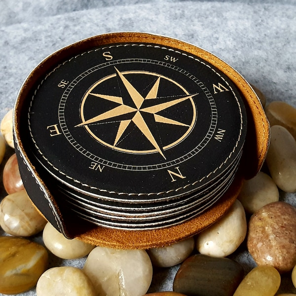 Leather Nautical Compass Coasters, Set of 6 w/ Coaster Holder,Nautical, Navigation, Housewarming Gifts, Boat Gifts, Compasses, Bar, For him