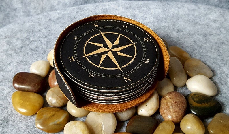 Leather Nautical Compass Coasters, Set of 6 w/ Coaster Holder,Nautical, Navigation, Housewarming Gifts, Boat Gifts, Compasses, Bar, For him image 1