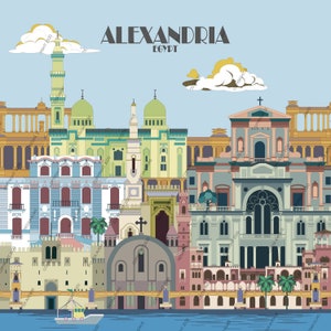 Artistic poster of Alexandria city printed on premium quality paper. Contains famous architectural touristic buildings and travel attraction such as Mosque Sketch, Church Drawing, Citadel Art, Palace Outline, Museum Illustration, Bridge Study