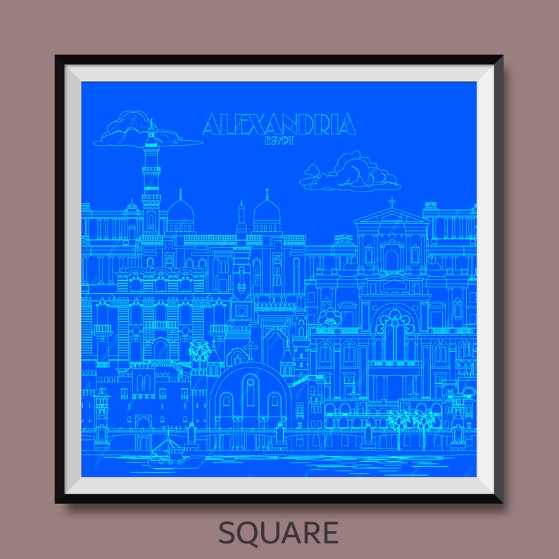 Square poster of Alexandria city printed on premium quality paper. Contains famous architectural touristic buildings and travel attraction such as Mosque Sketch, Church Drawing, Citadel Art, Palace Outline, Museum Illustration, Bridge Study